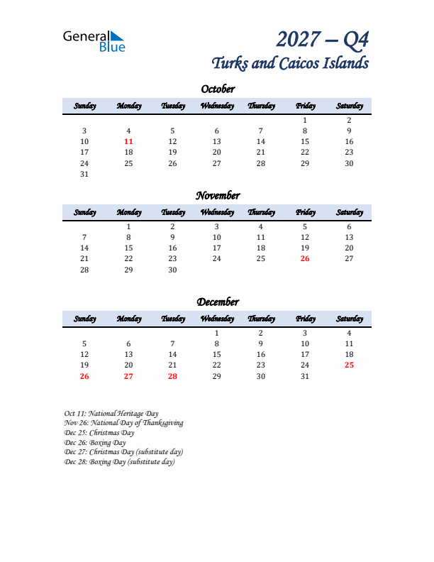 October, November, and December Calendar for Turks and Caicos Islands with Sunday Start