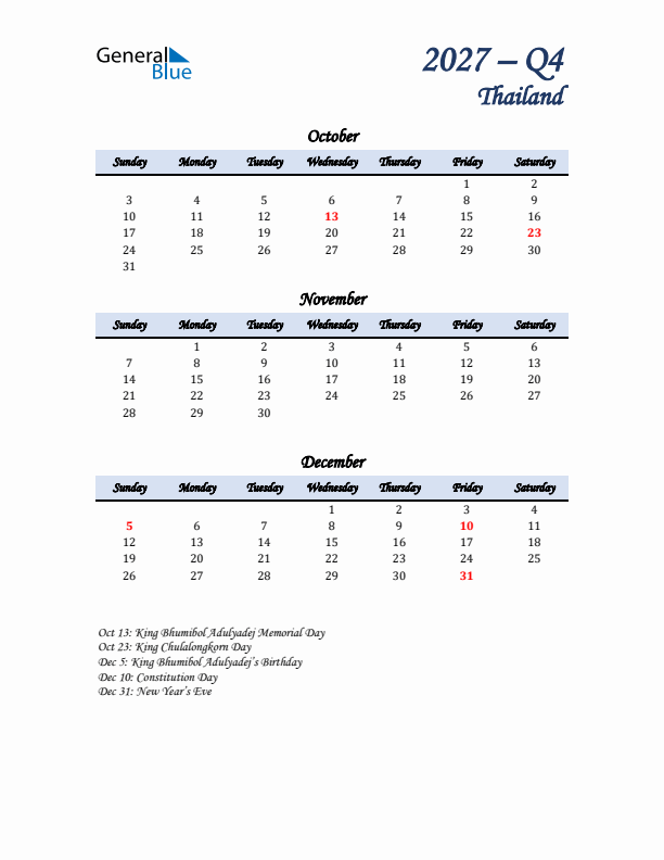October, November, and December Calendar for Thailand with Sunday Start