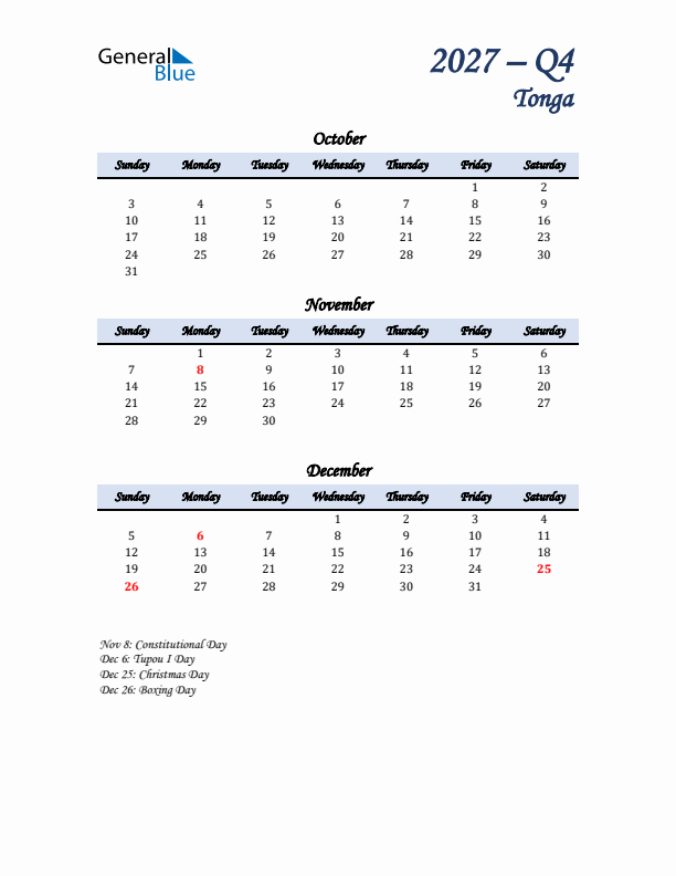 October, November, and December Calendar for Tonga with Sunday Start