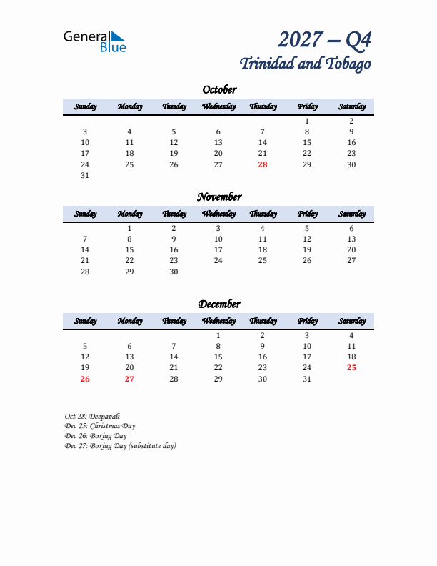October, November, and December Calendar for Trinidad and Tobago with Sunday Start