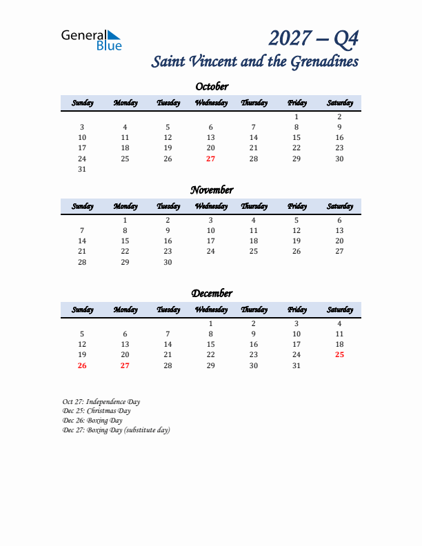 October, November, and December Calendar for Saint Vincent and the Grenadines with Sunday Start