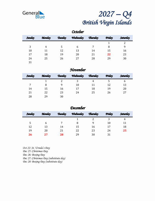 October, November, and December Calendar for British Virgin Islands with Sunday Start