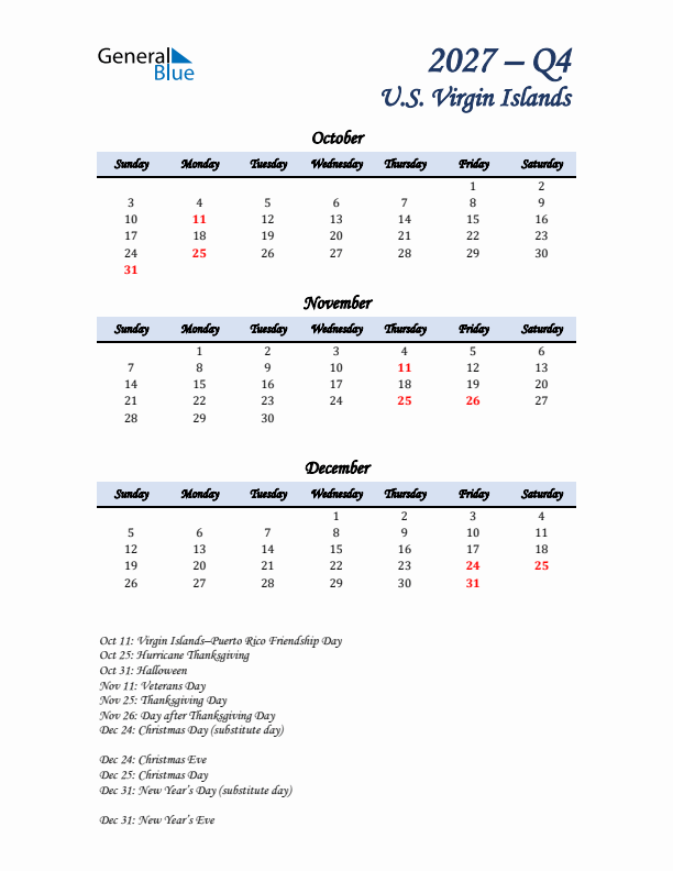 October, November, and December Calendar for U.S. Virgin Islands with Sunday Start