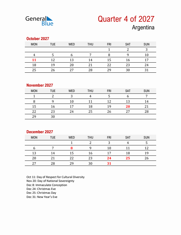 Printable Three Month Calendar with Argentina Holidays