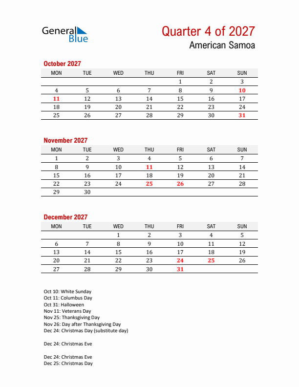Printable Three Month Calendar with American Samoa Holidays