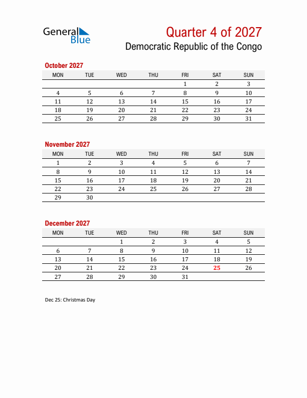 Printable Three Month Calendar with Democratic Republic of the Congo Holidays