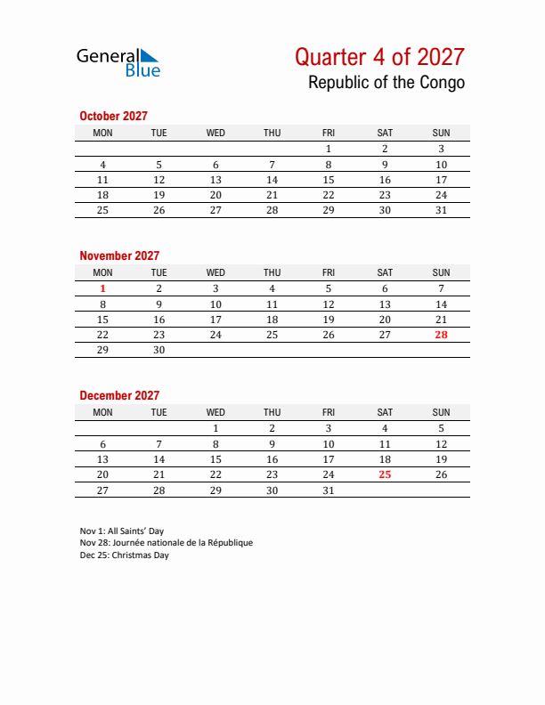 Printable Three Month Calendar with Republic of the Congo Holidays