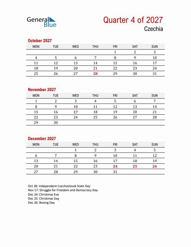 Printable Three Month Calendar with Czechia Holidays