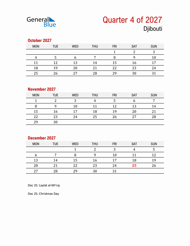 Printable Three Month Calendar with Djibouti Holidays
