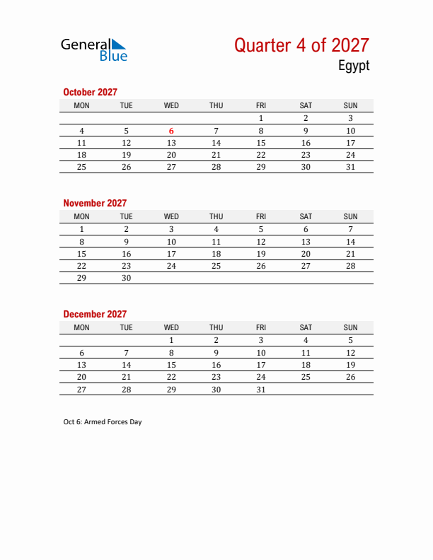Printable Three Month Calendar with Egypt Holidays