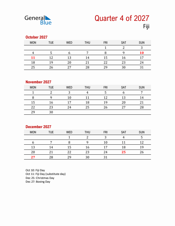 Printable Three Month Calendar with Fiji Holidays