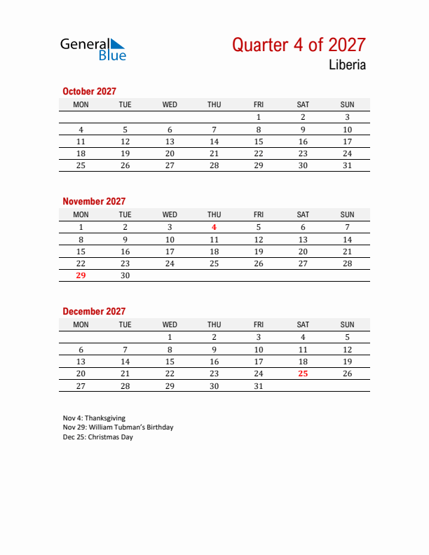 Printable Three Month Calendar with Liberia Holidays