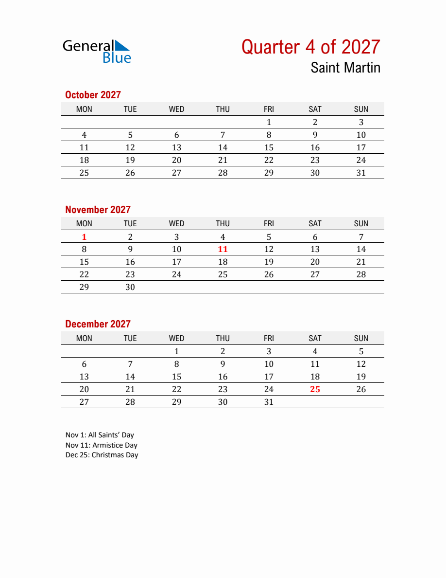 Printable Three Month Calendar with Saint Martin Holidays (Q4 2027 ...