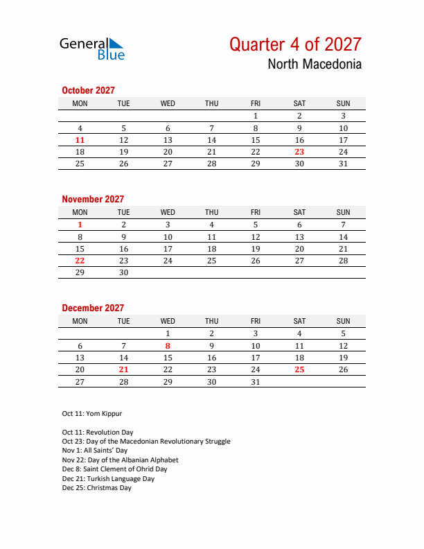 Printable Three Month Calendar with North Macedonia Holidays