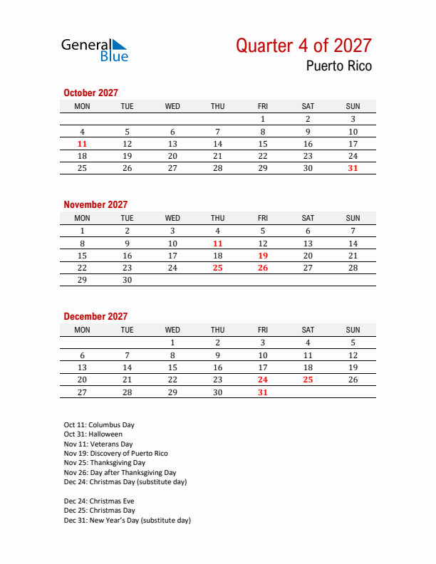 Printable Three Month Calendar with Puerto Rico Holidays