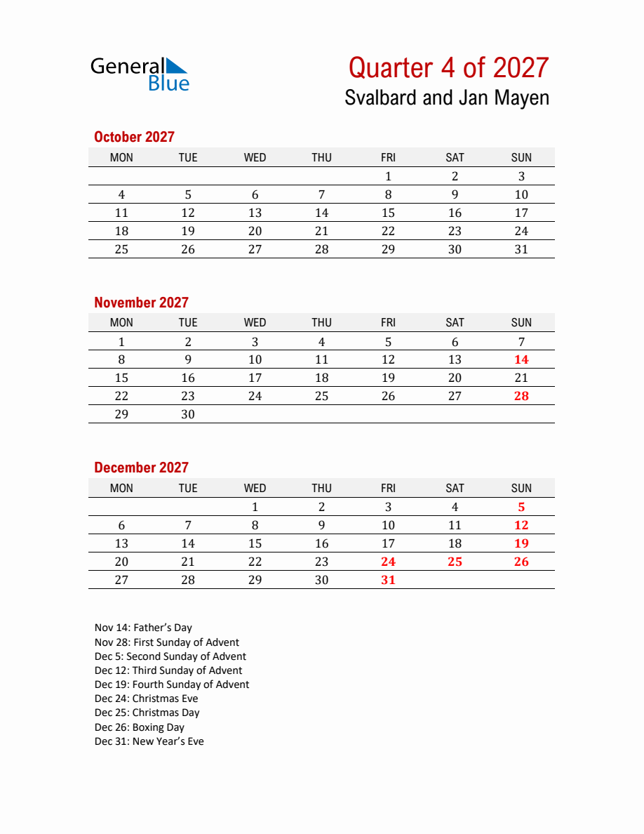 Printable Three Month Calendar with Svalbard and Jan Mayen Holidays (Q4 ...