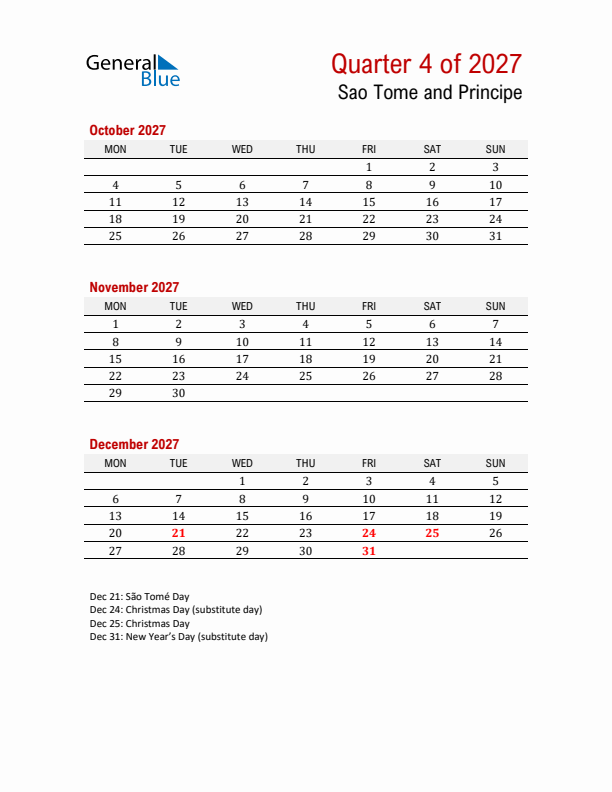 Printable Three Month Calendar with Sao Tome and Principe Holidays