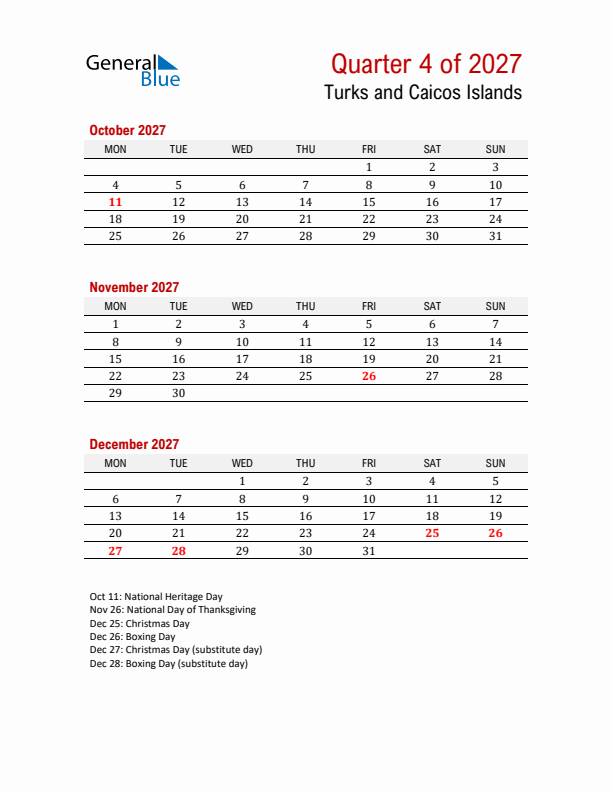 Printable Three Month Calendar with Turks and Caicos Islands Holidays