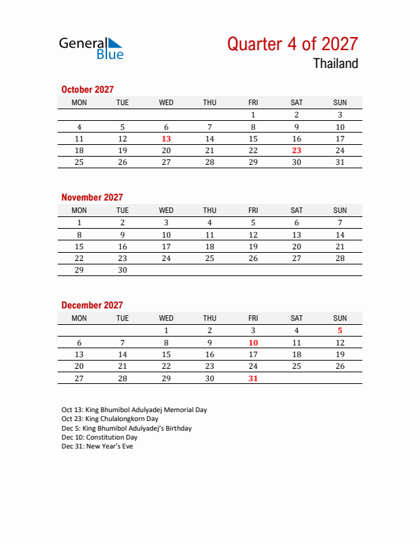 Printable Three Month Calendar with Thailand Holidays