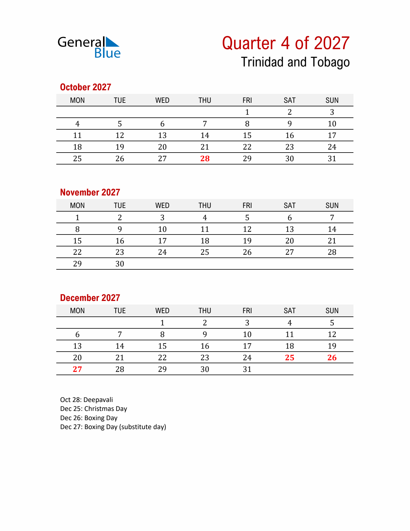 Printable Three Month Calendar with Trinidad and Tobago Holidays
