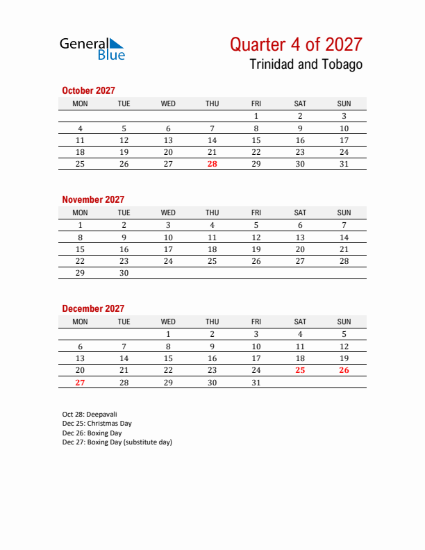 Printable Three Month Calendar with Trinidad and Tobago Holidays