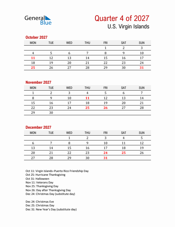 Printable Three Month Calendar with U.S. Virgin Islands Holidays