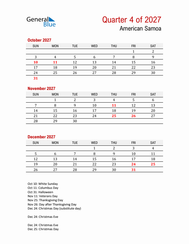 Printable Three Month Calendar with American Samoa Holidays