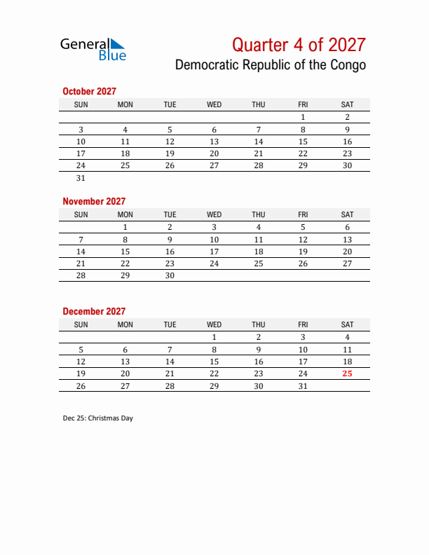 Printable Three Month Calendar with Democratic Republic of the Congo Holidays