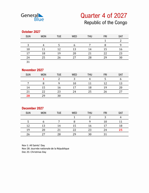 Printable Three Month Calendar with Republic of the Congo Holidays