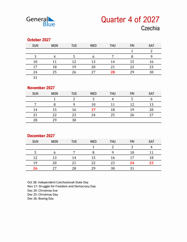 Printable Three Month Calendar with Czechia Holidays