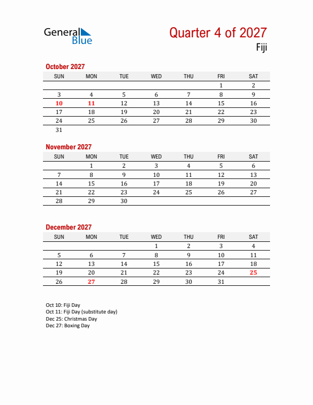 Printable Three Month Calendar with Fiji Holidays