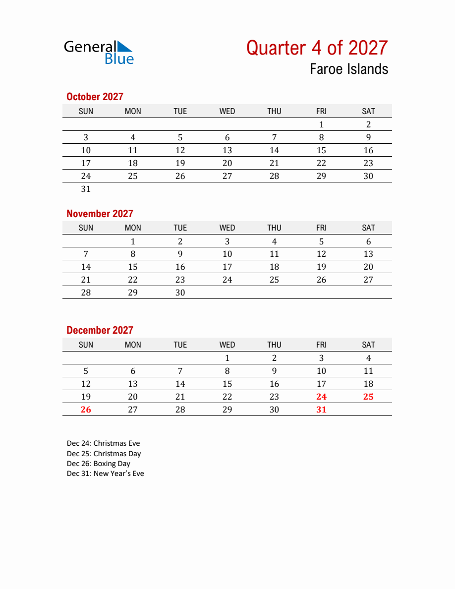 Printable Three Month Calendar with Faroe Islands Holidays (Q4 2027)