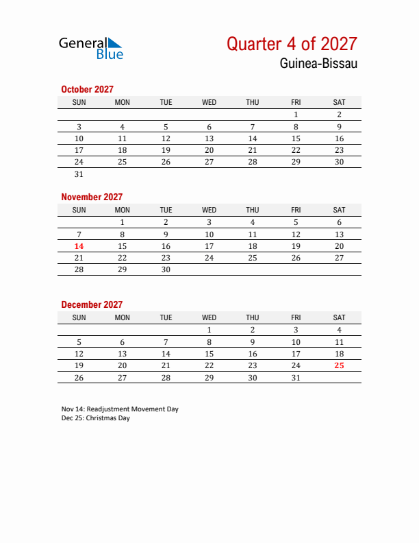 Printable Three Month Calendar with Guinea-Bissau Holidays