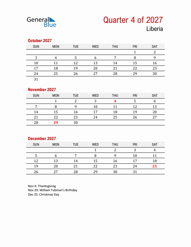 Printable Three Month Calendar with Liberia Holidays