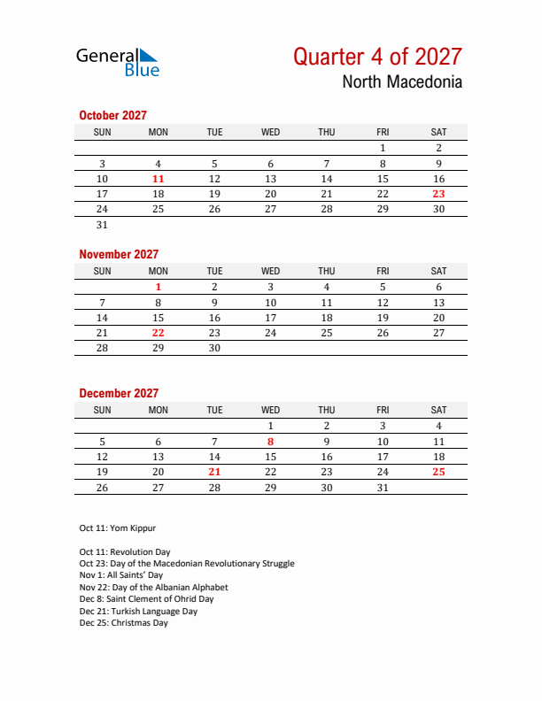Printable Three Month Calendar with North Macedonia Holidays