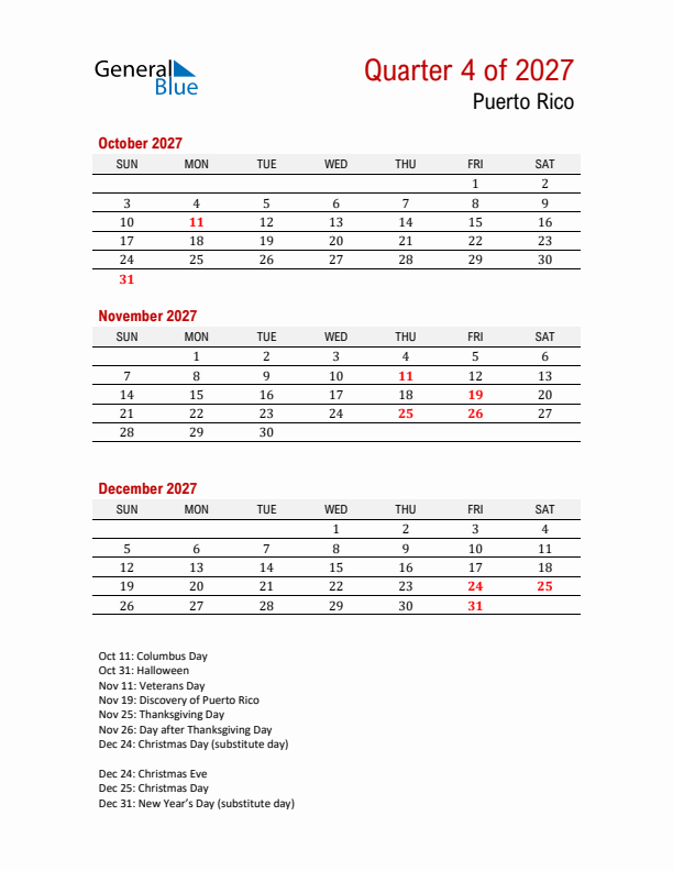 Printable Three Month Calendar with Puerto Rico Holidays