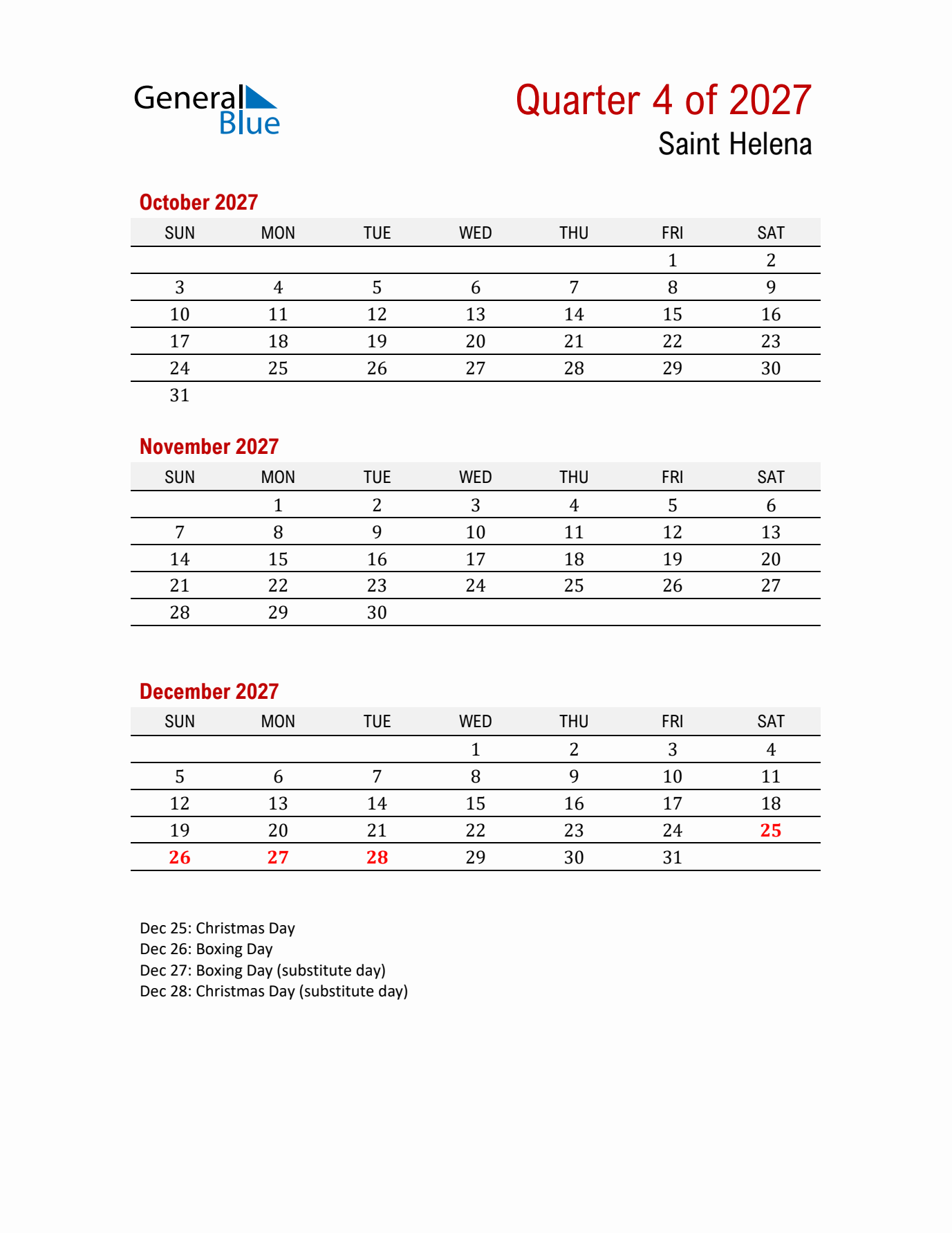 Printable Three Month Calendar with Saint Helena Holidays