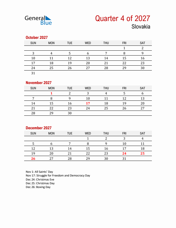 Printable Three Month Calendar with Slovakia Holidays
