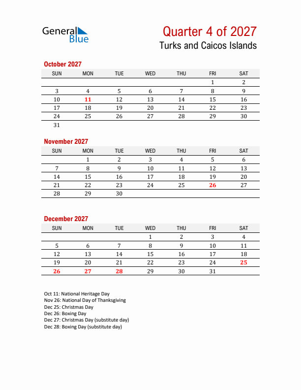 Printable Three Month Calendar with Turks and Caicos Islands Holidays