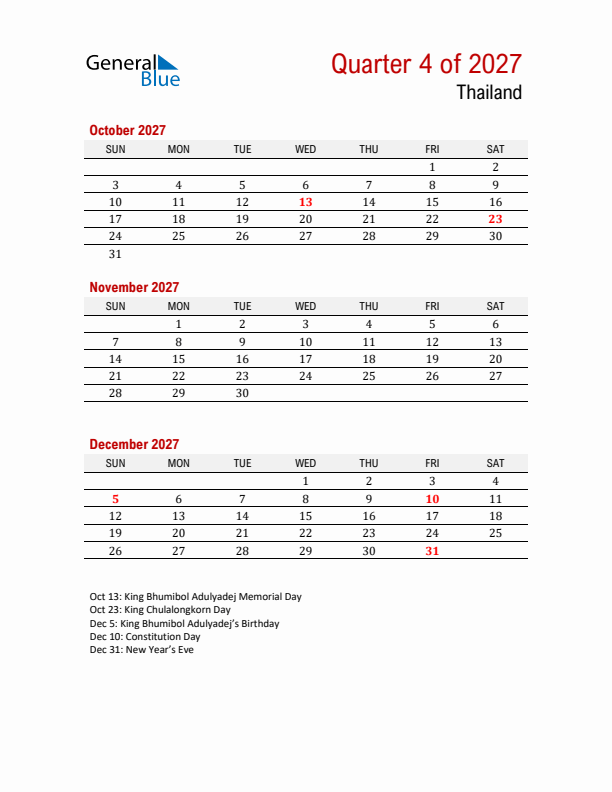 Printable Three Month Calendar with Thailand Holidays