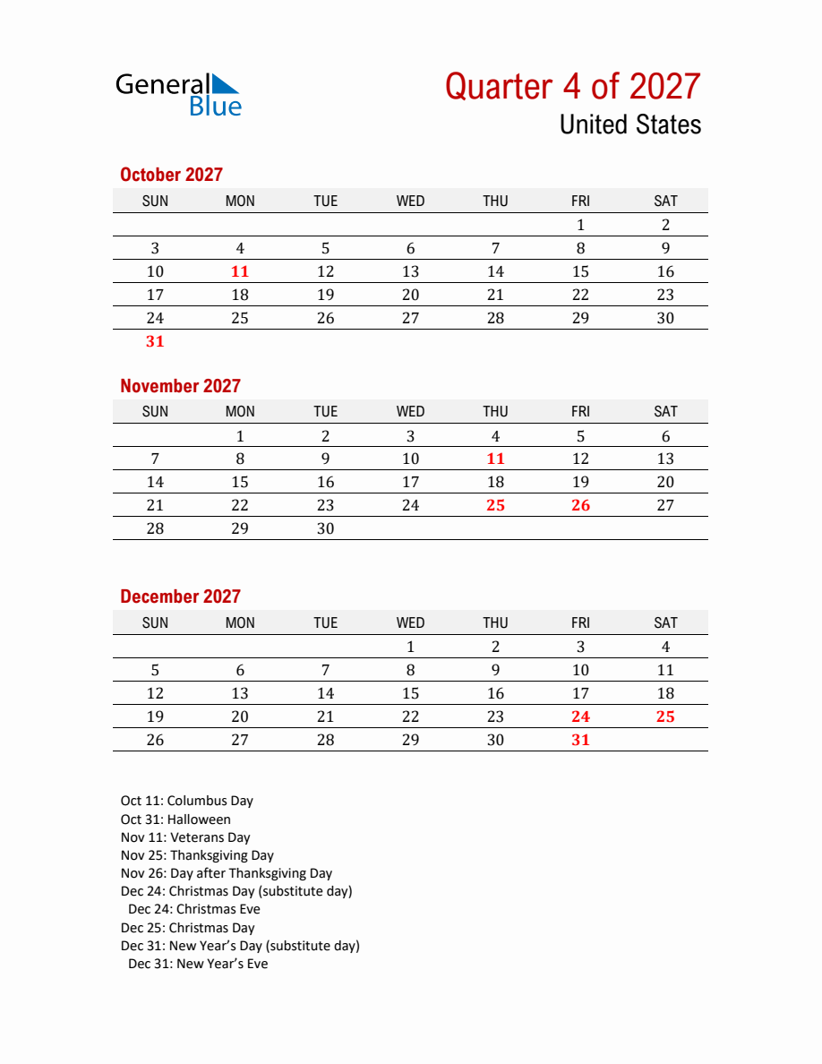 Printable Three Month Calendar with United States Holidays (Q4 2027)