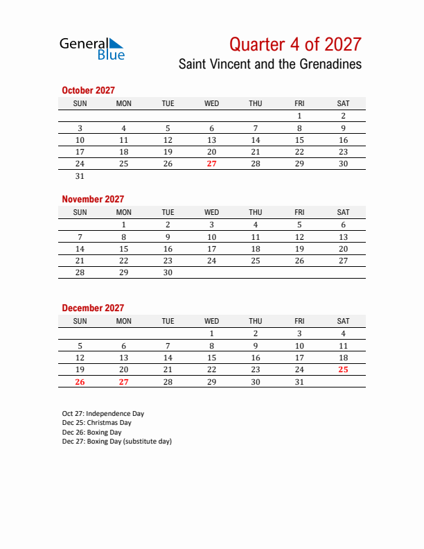 Printable Three Month Calendar with Saint Vincent and the Grenadines Holidays