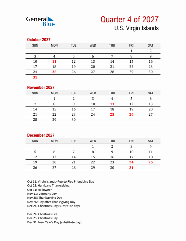Printable Three Month Calendar with U.S. Virgin Islands Holidays