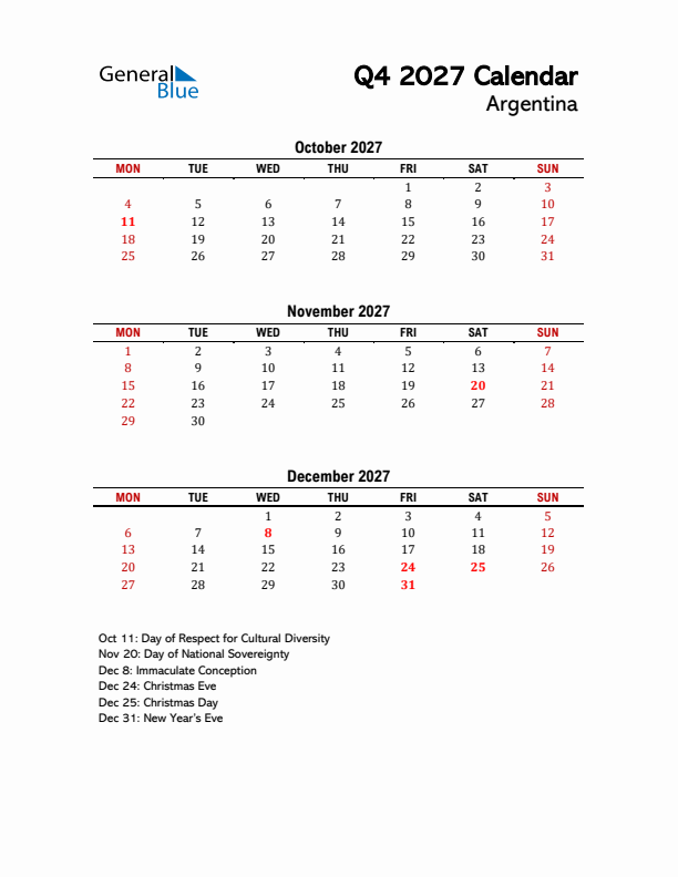 2027 Q4 Calendar with Holidays List for Argentina