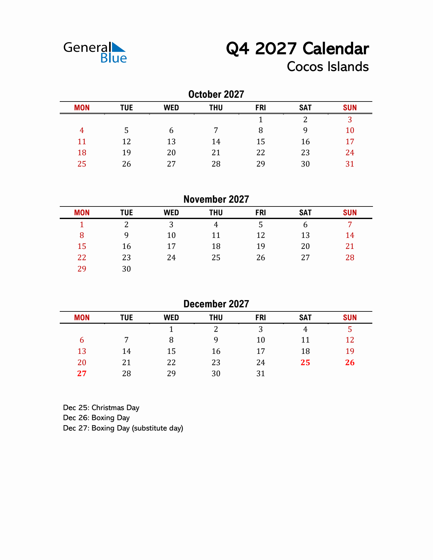 2027 Q4 Calendar with Holidays List for Cocos Islands