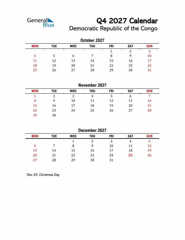 2027 Q4 Calendar with Holidays List for Democratic Republic of the Congo