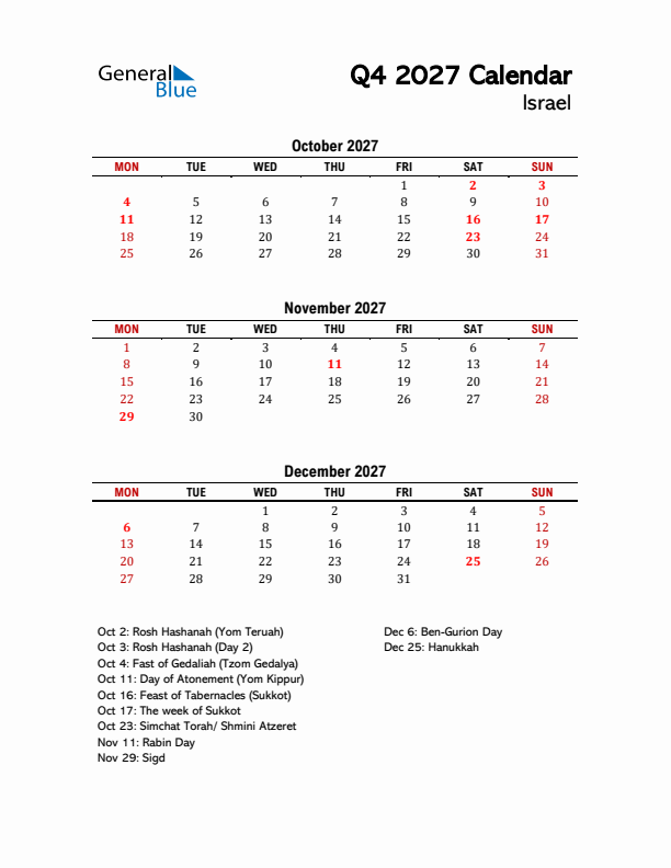 2027 Q4 Calendar with Holidays List for Israel