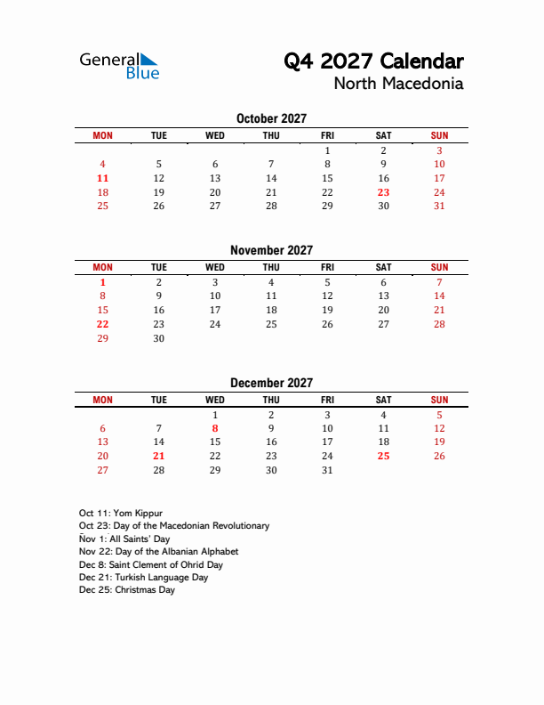 2027 Q4 Calendar with Holidays List for North Macedonia
