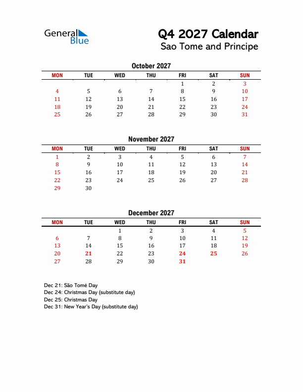 2027 Q4 Calendar with Holidays List for Sao Tome and Principe