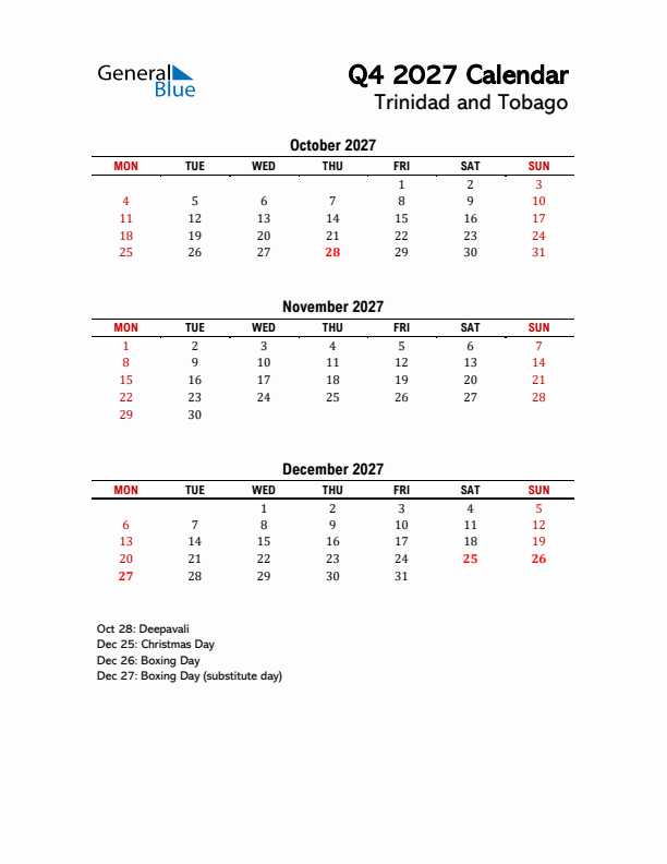 2027 Q4 Calendar with Holidays List for Trinidad and Tobago